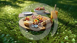 Breackfast on the grass. Generative AI photo