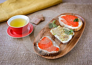 Breackfast toasts with avocado and salmon.