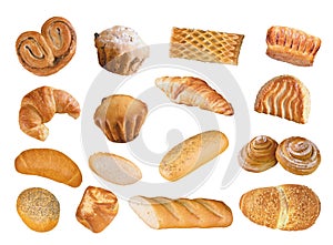 Vari tipi di pane , isolato su bianco.
