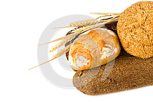 Bread, baguettes and sweet pastries on a white backgroun