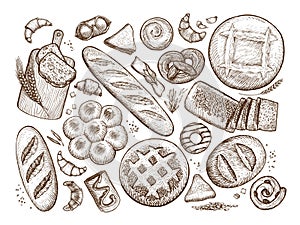 Bread, baked goods sketch. Bakery, bakeshop, food concept. Vintage vector illustration photo