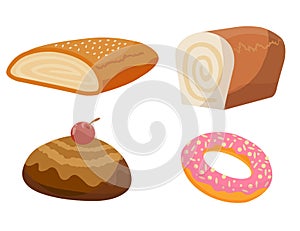 Bread bakery assortiment. Set of baking pastry products for bakery menu, recipe book. Cartoon cute characters of