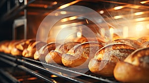 Bread bakery with baked loafs in shelfs of commercial kitchen concept of bread baking production manufacture business