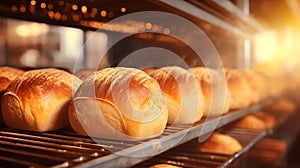 Bread bakery with baked loafs in shelfs of commercial kitchen concept of bread baking production manufacture business