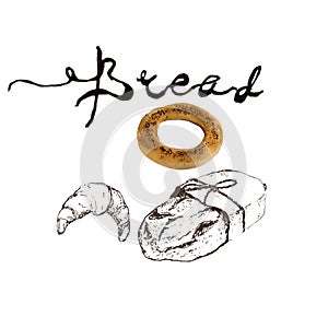 Bread, bakery product watercolor and pen sketch drawing with lettering. Fresh loaf of bread, baguette, croissant and sweet bun,