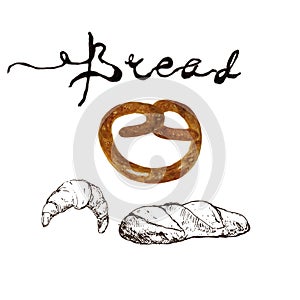 Bread, bakery product watercolor and pen sketch drawing with lettering. Fresh loaf of bread, baguette, croissant and sweet bun,