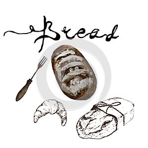 Bread, bakery product watercolor and pen sketch drawing with lettering. Fresh loaf of bread, baguette, croissant and sweet bun,