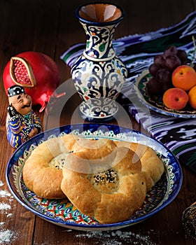 Bread and Bakery. The typical traditional uzbek round shape bread Tashkent, Uzbekistan