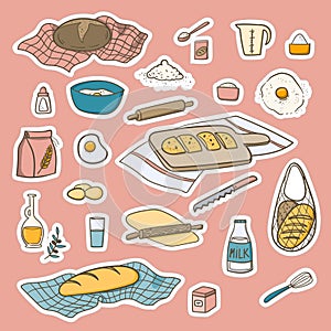 Bread baking doodle stickers set. Food ingredients