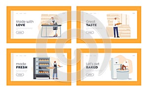 Bread Baking Industrial Process Landing Page Template Set. Workers Character in Toques, Mixing Flour, Kneading Dough