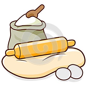 Bread baking ingredients. Rolling pin, dough and flour. Vector illustration