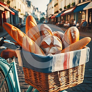 Bread in basket of bicycle on European street