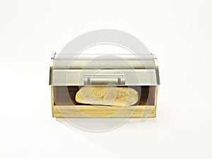 Bread bin and bread on white background
