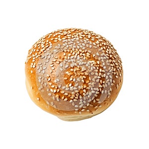 Bread bun isolated on transparent white background, Top view of single fresh baked wheat bread bun from above