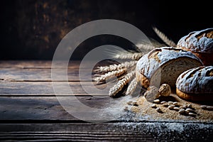 Bread buns, wheat ears and flour on wooden table over dark black rustic background, copy space, banner design