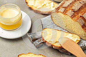 Bread, butter, cream, sweetened condensed milk. Food recipe background. Close up