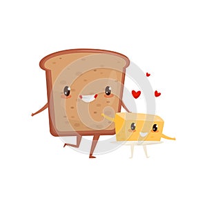 Bread and butter are friends forever, cute funny food cartoon characters vector Illustration on a white background