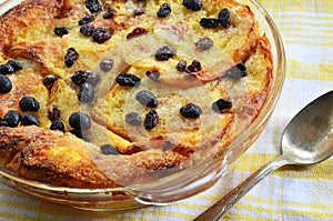 Bread and butter pudding with raisins photo