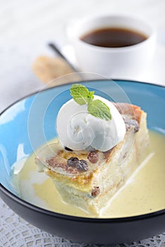 Bread and Butter Pudding top with ice cream,