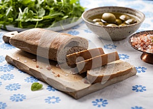 Bread with Carob powder, olives, pink salt and rucola