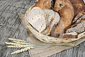 Bread and cereals on wooden vintage background