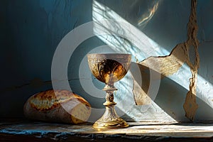 Bread with chalice of wine. Christian communion concept for reminder of Jesus sacrifice. Generative AI