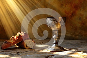 Bread with chalice of wine. Christian communion concept for reminder of Jesus sacrifice. Generative AI