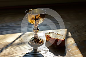 Bread with chalice of wine. Christian communion concept for reminder of Jesus sacrifice. Generative AI