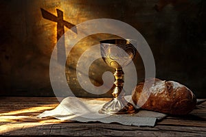 Bread with chalice of wine. Christian communion concept for reminder of Jesus sacrifice. Generative AI