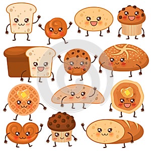 Bread characters. Funny bakery food faces icons, emoji cupcakes, pretzel and biscuit, cookie and loaf, fresh muffin
