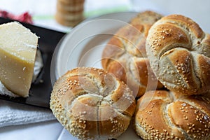 Bread with cheese, lettuce and cakes photo