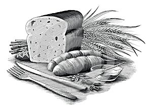 Bread collection illustration vintage engraving style black and white clipart isolated on white background