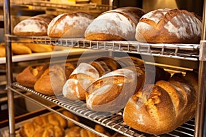 bread cooling racks lined with freshly baked loaves