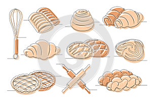 Bread, croissant, bun, applepie pie continuous one line drawing set photo