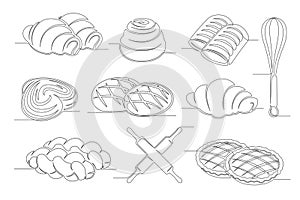 Bread, croissant, bun, applepie pie continuous one line drawing set photo