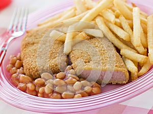 Bread crumbed Luncheon Meat with Baked Beans