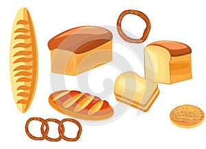 Bread. Different types of bread - bread, loaf, bagel, bun, baguette.