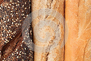 Bread of different varieties view from above. Rye, wheat and whole grain bread. Macro. Texture.