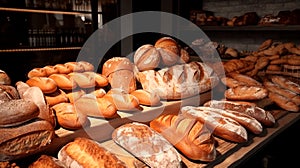 bread display in a bakery with a large selection of fresh fragrant bread, AI generated.