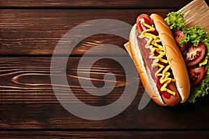 bread dog american sausage fast sauce food tomato hot meat background. Generative AI.