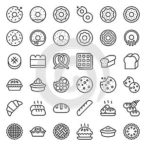 Bread, donut, pie, bakery product, outline icon set