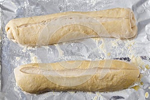 Bread dough batons rising photo