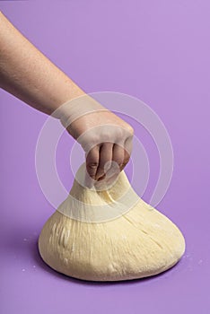 Bread dough isolated on purple color. Woman hand stretching the dough. Home baking