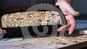 Bread dough presented in a baking pan