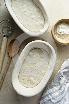 Bread dough ready for baking. Home baking, sourdough rustic bread made with wild natural yeast