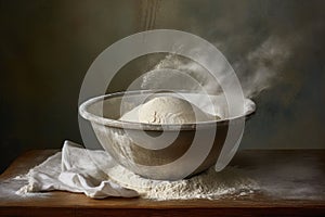 bread dough rising in a bowl with flour-dusted surface