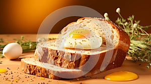 Bread with eggs on yellow background