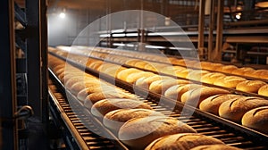 a bread factory where loaves of bread are being transported on a conveyor belt, signifying an automated production process in an