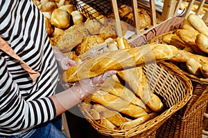 Bread femle hand food background brown graine baguette roll pastries batch product baked