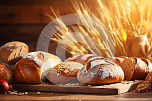 Bread flat lay on wood table with wheat Assortments of bread freshly baked on wooden shelves Piles of breads Bakery shelf